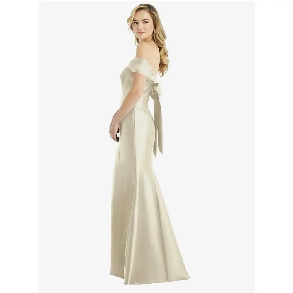 ALFRED SUNG Off-Shoulder Satin Maxi Gown in Champagne - Picture 2 of 9